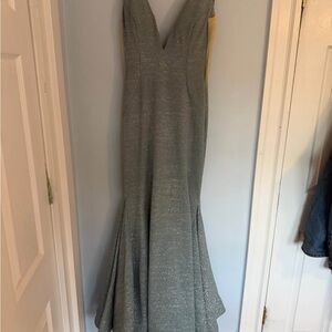 Jovani Silver Sparkle Deep V-Mermaid Prom Gown